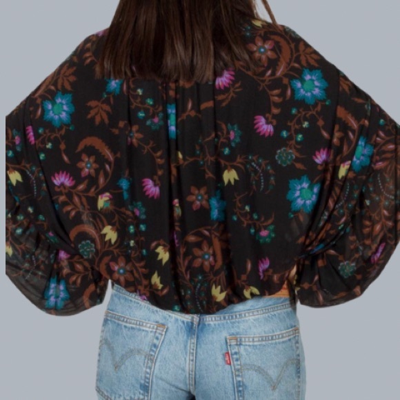 Free People Black Floral Wildflower Honey Mesh Ruffle Peasant Blouse M - Picture 2 of 5